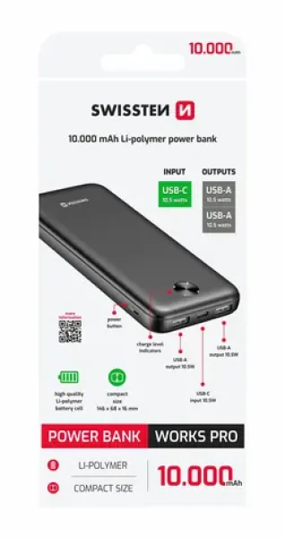 Swissten WORX PRE čierna / Powerbanka / 10000mAh / 2x USB-A + 1x USB-C (22013949)