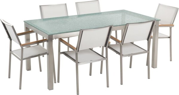 Beliani GROSSETO Sada záhradného nábytku stôl s bielou sklenenou doskou 180 x 90 cm 6 bielych stoličiek