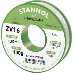 Stannol ZV16 spájkovací cín bez olova bez olova Sn99,3Cu0,7 REL0 100 g 1 mm; 576101