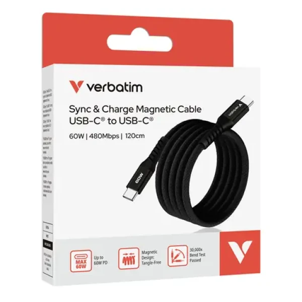 Verbatim 31859 Magnetický 60W USB-C kábel 1.2m čierna / USB-C(M) / USB-C(M) / 60 W / PD QC 3.0
