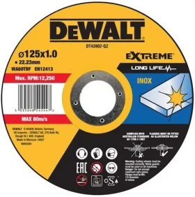 DeWalt DT43972 / Rezný kotúč na nerez kov / Priemer 125x22.2 mm / Šírka 1.0 mm / 10ks (DT43972)