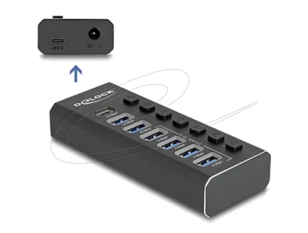 DeLock 7portový USB hub čierna / USB hub / 4× USB-A 5 Gbps + 2× USB-A 10 Gbps + USB-C 10 Gbps / kovové telo / AC adaptér (64326)