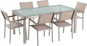 Beliani GROSSETO Sada záhradného nábytku stôl s bielou sklenenou doskou 180 x 90 cm 6 béžových stoličiek