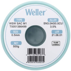 Weller WSW SAC M1 spájkovací cín bez olova cievka Sn3,0Ag0,5Cu 500 g 0.5 mm; T0051386499