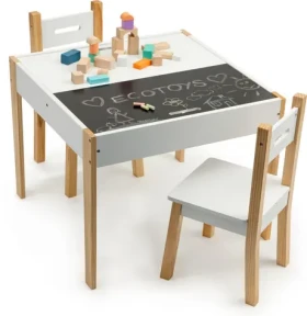 ECOTOYS Detský drevený stôl s tabuľou a dvoma stoličkami (OT143)