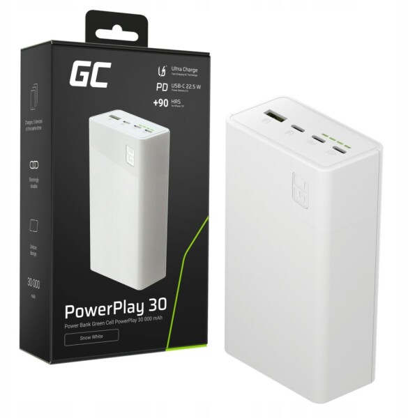 Green Cell Greencell PowerPlay 30 - Biely powerbank 30 000mAh, 22,5W, 4 porty