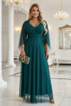 655-2 Dlhé svetlé trblietavé šaty s výstrihom a priehľadnými rukávmi - smaragdovo zelené UNI