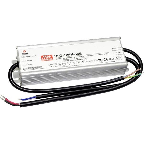 MEAN WELL HLG-185H-54B LED driver, napájací zdroj pre LED konštantné napätie, konštantný prúd 186 W 3.45 A 27 - 54 V/DC stmievateľný, PFC spínacie obvod,; HLG-185H-54B