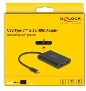 DeLock Adaptér USB Type-C - 2x HDMI / Adaptér / DisplayLink / 4K 60Hz / USB PD (64309)
