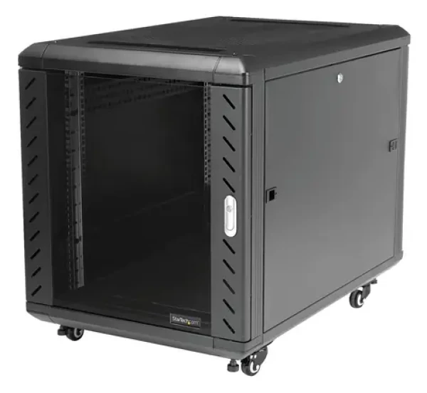 StarTech Open Frame 12U čierny / Stojanový rack / 19" / hĺbka 900 mm / nosnosť 800 kg / pojazdný (RK1236BKF)