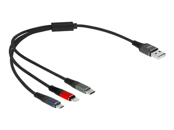 DeLock USB-A 3v1 Lightning, Micro-USB a USB-C viacfarebný / Nabíjací kábel / 0,3 m / 3 A / textilné opletenie (87236)