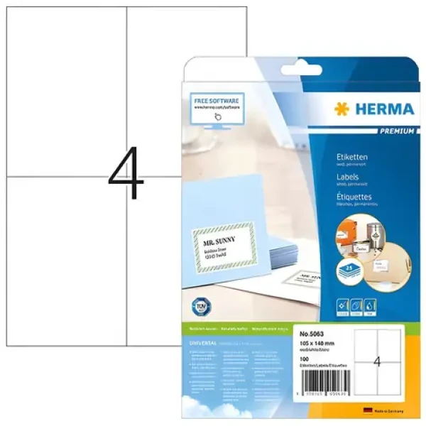 Herma Etikety Premium A4 biele / Etikety / 105x148 mm / 100 ks (5063)