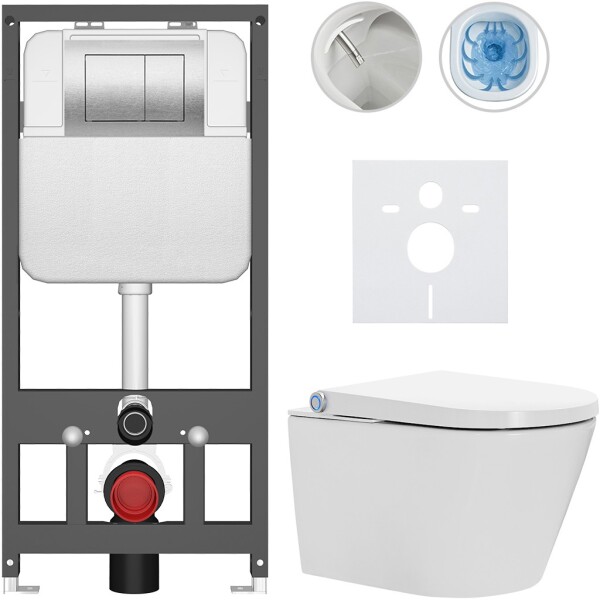 CERANO - Závesné WC s bidetom Basic/Cronus Standard - biela lesklá - WC tlačidlo Maxio/Strieborná - závesné - predstenová inštalácia - 59,3x38,4 CER-8050BD86448