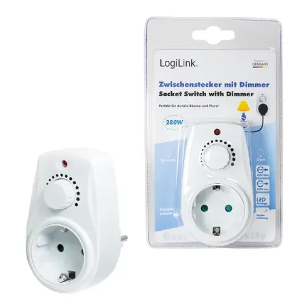LogiLink zásuvkový adaptér so stmievačom biela / Stmievač / Otočný ovládač / 40-280 W / 230 V (PA0151)