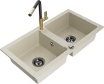MEXEN/S MEXEN/S - Mario granitový drez 2-bowl vrátane batérie Flora, béžová 6504-69-670401-57-B