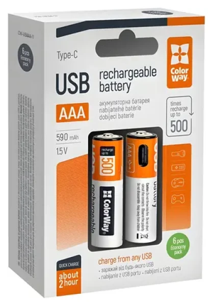 Colorway nabíjacia batéria AAA 590 mAh / Nabíjacia batéria / 1,5 V / USB-C / 6 ks (CW-UBAAA-11)