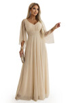 655-4 Dlhé ľahké trblietavé šaty s véčkovým výstrihom a priehľadnými rukávmi - béžovo-šampanská UNI
