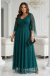 655-2 Dlhé svetlé trblietavé šaty s výstrihom a priehľadnými rukávmi - smaragdovo zelené UNI