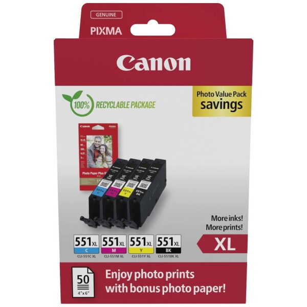 Canon Canon CLI-551XL C/M/Y/BK Photo Value Pack - 4er-Pack - 11 ml - XL - Schwarz, Gelb, Cyan, Magenta - original - Box - Tintenbehalter- / Papierpaket - fur MAXIFY MG6650, PIXMA iP8750, iX6850, MG5550, MG5650, MG6650, MG7550, MX725, PIXUS MG7550