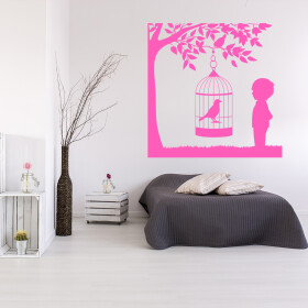Veselá Stena Samolepka Vtáčik v klietke na strome Farba: ružová, Veľkosť: 60 x 60 cm