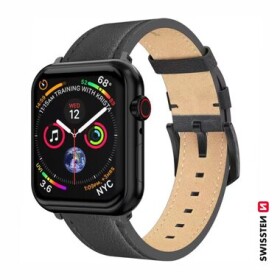 Swissten Kožený remienok pre Apple Watch 42/44/45/49mm čierna / čierna spona a čierne pútko (46000811)