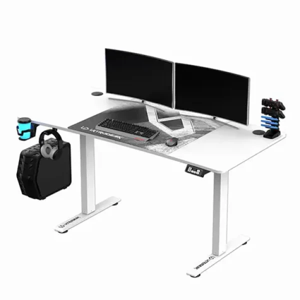 Ultradesk LEVEL V2 biela / Herný elektricky nastaviteľný stôl / 140 x 68 x 72-117 cm / držiak slúchadielnápojov (UDESK-LVA-WT)