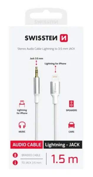 Swissten TEXTILE Audio adaptér Lightning - 3.5mm Jack 1.5m biela (73502308)
