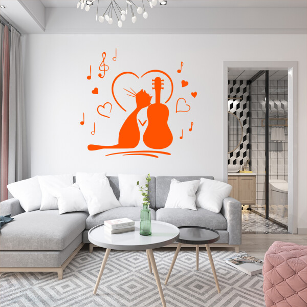 Veselá Stena Samolepka Mačička milujúca hudbu Farba: oranžová, Veľkosť: 100 x 93 cm