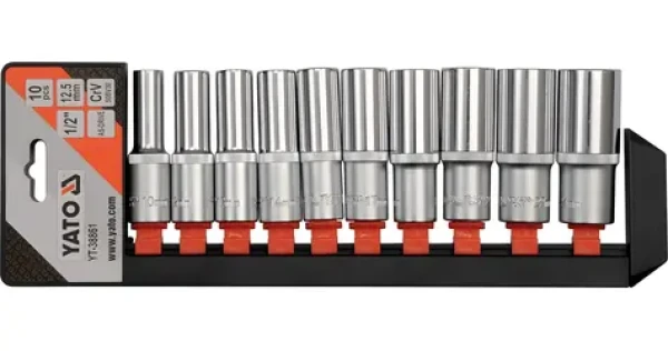 YATO Sada nástavcov 1/2" šesťhranné 10 ks 10-24 mm / Sada nástavcov / AS-DRIVE / CrV oceľ / L=76 mm (YT-38861)