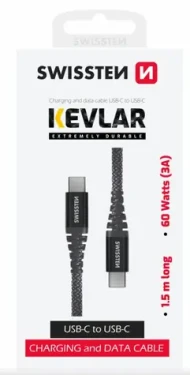 Swissten KEVLAR dátový kábel USB-C 1.5m šedá / 60W / 3A / 1x USB-C(M) / 1x USB-C(M) (71542010)