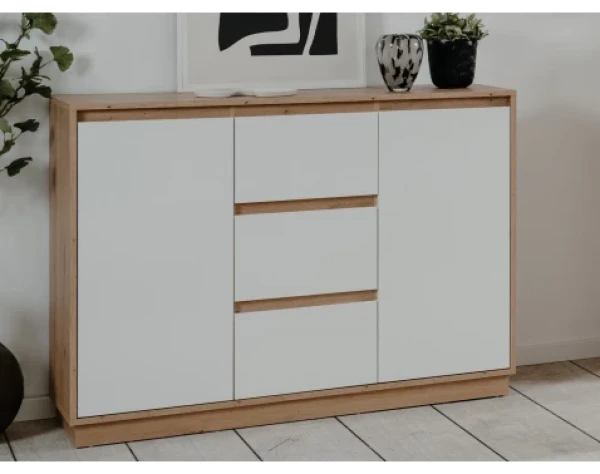 Komoda so šuplíkmi Dallas, 117 cm, dub artisan/lesklá biela%