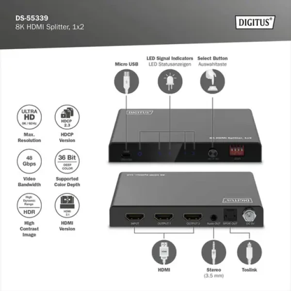 Digitus DS-55339 čierna / Rozbočovač / HDMI 1x2 / 8K 60Hz / Downscaling / HDMI 2.1 (DS-55339)
