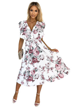 466-1 Šaty GABRIELLA s volánom, výstrihom a viazaním - BIELE S HRAJÚCIMI PINKAMI UNI