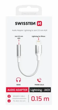 Swissten TEXTILE Audio adaptér Lightning - 3.5mm Jack 0.15m biela (73502314)