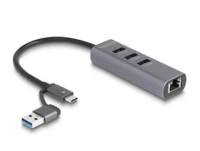 DeLock 3 Port USB 5 Gbps + Gigabit LAN sivá / USB hub / USB-C / 3× USB-A 5 Gbps / 1× RJ-45 / 0,2 m (64282)