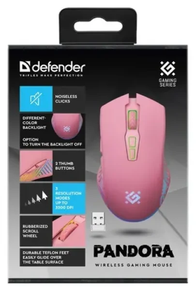 Defender Pandora ružová / Bezdrôtová optická myš / 3200 DPI / 7 tlačidiel / USB prijímač (52501)