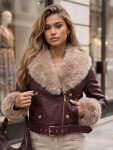 Dámska zimná kožená bunda s kožušinou, bordová, FashionStreet TY5980 XL