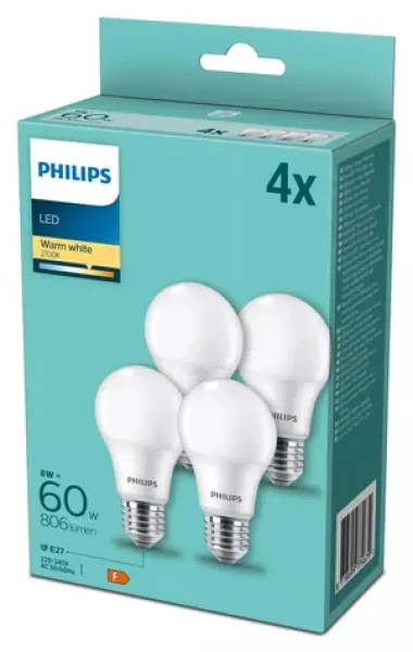 Philips LED žiarovka E27 60W 2700K, 4 ks / Žiarovka / Plast / Energetická trieda F / 220-240 V (929002306204)