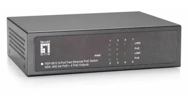 LevelOne PoE+ switch 8x FE / Switch / 4X PoE+ + 4X FE / 65 W / kovové telo / Rack 19” (FEP-0812)