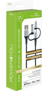 Schwaiger 3-in-1 čierno-strieborná / Nabíjací kábel / USB-A na Micro-USB, Lightning, USB-C / 1,5 m / 3 A (LKU100533)