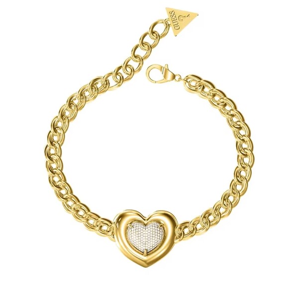 Guess Výrazný pozlátený náramok Srdce s kryštálmi LOVE JUBB05456JWYG 18,4 cm