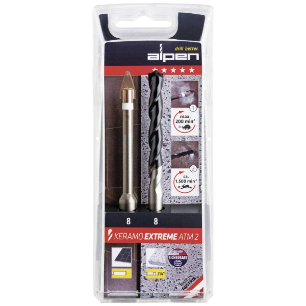Alpen Keramo extreme ATM2 300082100 sada vrtákov do skla a obkladov 2-dielna 8 mm 1/4 (6,3 mm), valcová stopka 1 sada; 300082100