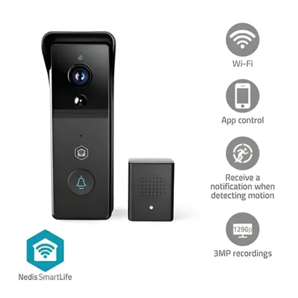 Nedis WIFICDP21BK čierna / Chytrý dverný videotelefón / Wi-Fi / SmartLife / 3MP 1296p / IP54 / batéria 4400 mAh / microSD (WIFICDP21BK)