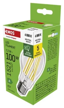 Emos Filament A60 7,2 W E27 neutrálna biela / Žiarovka / náhrada za 100 W / 1521 lm / energetická trieda A (1525283417)