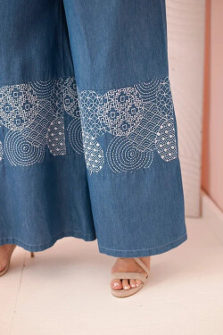 Dámske Plus veľkosť široké nohavice s etnickou výšivkou Denim UNI