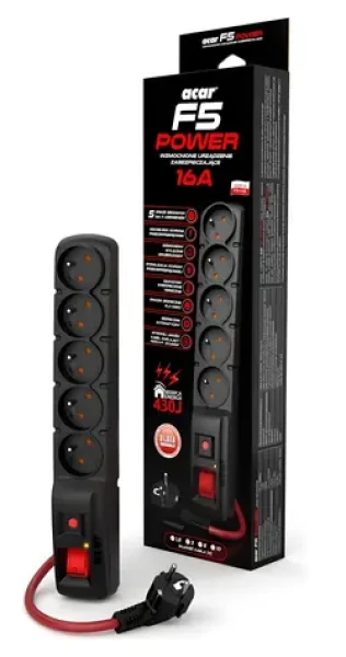 Acar F5 5m čierna / Predlžovací prívod / prepäťová ochrana / 5 zásuviek / 16A / 2300 W (ppacarf5-5power)