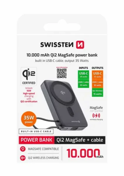 Swissten 22013979 MagSafe Qi2 powerbanka 10000 mAh s integrovaným USB-C káblom 15W čierna (22013979)