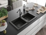 MEXEN/S MEXEN/S - Mario granitový drez 2-bowl vrátane batérie Flora, čierna/zlatá metalik 6504-75-670401-70-B