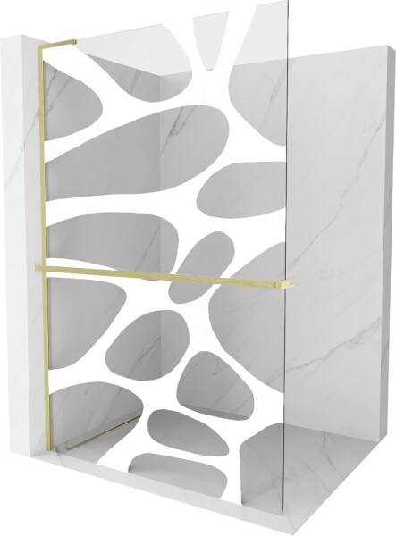 MEXEN/S - Kioto+ L Sprchová zástena WALK-IN s poličkou a držiakom uterákov 120 x 200, biely vzor, zlato kartáčovaná 800-120-123-55-97