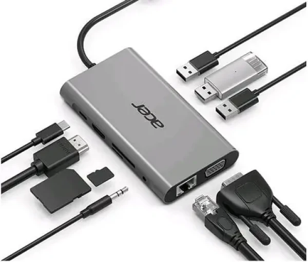 Acer USB-C Dongle 10-in-1 strieborná / 3xUSB 3.0 / 3xUSB-C PD / HDMI / VGA / LAN / čítačka SD+microSD kariet (HP.DSCAB.002)